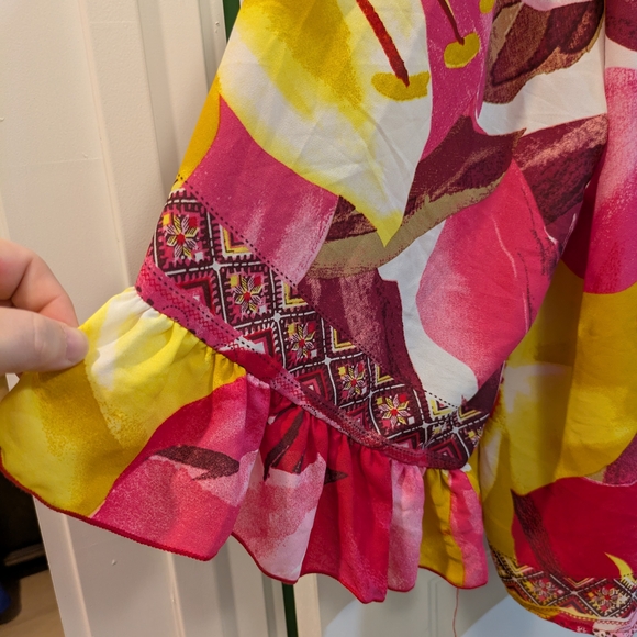 Ashley Stewart Floral V-Neck Ruffle Sleeve Blouse - Pink & Yellow - Picture 5 of 9